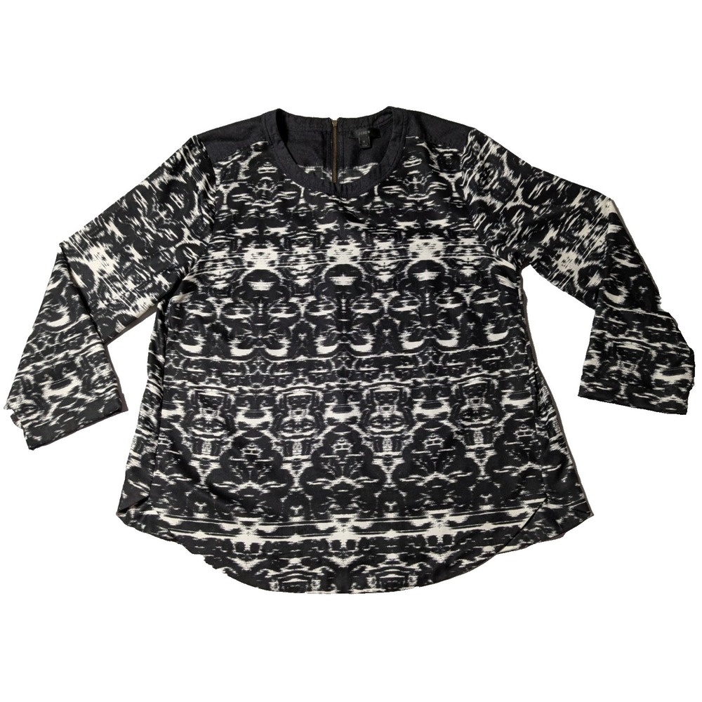 J. CREW Women Size 12 Wool Yoke Black‎ White Blurred Ikat Top